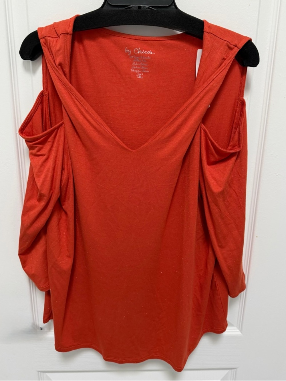 Chico's Orange Twist Cold-Shoulder V-Neck Top, Size 2 or Large, 3/4 Sleeve, NWT
